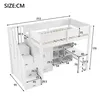 A diagram showing the dimensions of a white bunk bed with a desk and storage. Voir les images du produit