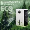 A white dehumidifier is shown in a lush green forest setting with sunlight rays and falling leaves. Produktbild-Vorschau
