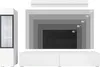 A white living room furniture set with a display cabinet and a TV stand, featuring a graphic showing different TV sizes. Náhled obrázku produktu