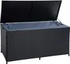 A black poly rattan storage box with its lid open, revealing a grey liner inside. The box is shown from a slightly elevated front-left angle against a white background. Produktbild-Vorschau