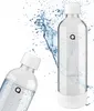 Two clear water bottles with white caps and bases, one tilted and the other upright, with water splashes in the background. Podgląd zdjęcia produktu