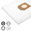 A white vacuum cleaner bag with a brown cardboard attachment is shown on a white background. There are four circular badges in the bottom left corner. Produktbild-Vorschau