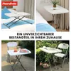Collage of images showing a white folding table and chair set in different settings: on a bed, outdoors, and on a patio. Voir les images du produit