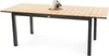 A rectangular outdoor dining table with a slatted wooden top and black metal legs, set against a white background. A small decorative item is placed on the table. Produktbild-Vorschau