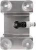 A top-down view of a stainless steel bottle rinser with suction cups and a hose connector. Produktbild-Vorschau