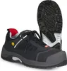 A pair of black safety shoes is shown against a white background. One shoe is upright, showing the sole, and the other is placed in front, showing the side. Produktbild-Vorschau
