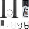 A collage of a pair of speakers and their packaging and accessories. Produktbild-Vorschau