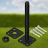 A set of adjustable post anchor hardware, including a threaded post, square base plates, screws, and a nut, arranged on a blurred background of green grass and a blue sky. Náhled obrázku produktu