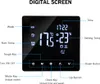 A digital screen displaying thermostat information with labels pointing to different functions and readings. Podgląd zdjęcia produktu