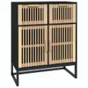 A product shot of a black and wood sideboard on a white background. Produktbild-Vorschau