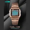 A rose gold digital watch is displayed against a dark, textured background with abstract lines. Text overlays highlight the product's features. Náhled obrázku produktu