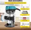 A hand wearing a white glove is holding a router, with various accessories displayed on the right side of the image. Produktbild-Vorschau