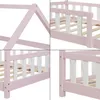 A collage of four close-up shots of a pink and white children's house bed frame, showing details of the construction and safety rails. Produktbild-Vorschau