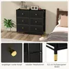 A collage of images showing a black fabric chest of drawers with gold accents, placed in a bedroom setting and with close-up details. Produktbild-Vorschau