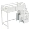 A white loft bed with integrated storage stairs, including cabinets and drawers, shown against a white background. Voir les images du produit