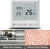 A collage showing a smart thermostat and two types of floor heating systems. Voir les images du produit