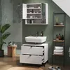 A modern bathroom with a sink, vanity, medicine cabinet, and shelving unit. Voir les images du produit