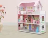 A pink wooden dollhouse with furniture, shown from the front with an open design. Produktbild-Vorschau