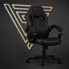 A black gaming chair is shown against a dark background with a neon geometric design. Produktbild-Vorschau