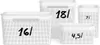 Four white storage boxes of different sizes are arranged together on a white background. Each box has a perforated pattern and a number indicating its capacity. Produktbild-Vorschau