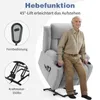 An elderly man is sitting in a gray recliner chair that is in a lifted position, demonstrating its lift function. The image also includes close-ups of the remote control and the chair's lifting mechanism. Podgląd zdjęcia produktu