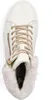 A top-down view of a white high-top sneaker with beige laces and faux fur trim. Produktbild-Vorschau