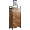 A tall, narrow shoe cabinet with three drawers, featuring a rustic wood grain finish and a black metal frame. A framed picture of tulips sits on top. Náhľad obrázku produktu