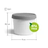 A white ice cream container with a gray lid, shown with dimensions and a BPA-free label. Produktbild-Vorschau