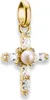 A close-up studio shot of a gold cross pendant with a pearl and clear gemstones. Voir les images du produit