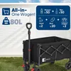 A black folding wagon is shown outdoors on grass, with a white wall in the background. Text overlays describe its features and capacity. Produktbild-Vorschau