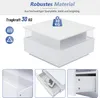 A white coffee table with transparent accents and drawers, presented with informational text and icons. Voir les images du produit