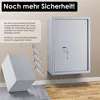 A safe is shown mounted on a wall, with mounting bolts and a detached base in the foreground. Text describes mounting instructions. Produktbild-Vorschau