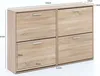 A shoe cabinet with four flip-down compartments, shown from the front with dimensions indicated. Produktbild-Vorschau
