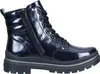 A single blue patent leather boot with black laces and a black sole is shown against a white background. Produktbild-Vorschau