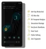 A smartphone screen displaying a dark theme with widgets, next to a screen protector with feature callouts. Produktbild-Vorschau