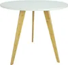 A white round table with three wooden legs against a white background. Podgląd zdjęcia produktu