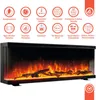 A collage showing an electric fireplace and various icons representing its features. Voir les images du produit