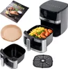 A collage of an air fryer and its accessories, including a manual, parchment liners, and a grilling rack. Anteprima dell’immagine prodotto