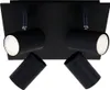A black metal ceiling light fixture with four adjustable spotlights.
