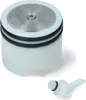 A white coffee machine part with a silver filter and two black O-rings is shown with a separate small white nozzle accessory. Produktbild-Vorschau