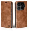 Two views of a brown leather flip phone case, one closed and one open showing the phone's camera. Produktbild-Vorschau