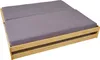 A futon or daybed with a gray mattress on a wooden frame, shown from a diagonal angle. Produktbild-Vorschau