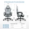 Diagrams and a table showing the dimensions and recommended usage values for a gaming chair. Produktbild-Vorschau
