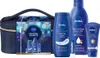 A collection of NIVEA personal care products arranged together, including a toiletry bag, body milk, shower gel, and hand cream. Produktbild-Vorschau