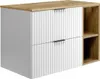 A modern bathroom vanity cabinet with two drawers and open shelving. Produktbild-Vorschau