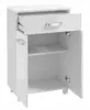 A white, glossy bathroom cabinet with one drawer and a cabinet door open, showing two shelves inside. The cabinet stands on four legs. Podgląd zdjęcia produktu
