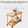 A marketing image showcasing a wooden side table with wheels, featuring text and icons highlighting its design and features. Produktbild-Vorschau