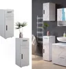 A split image showing a white high-gloss bathroom cabinet on the left and a bathroom scene with similar cabinets, a sink, and a towel rack on the right. Voir les images du produit