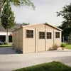 A wooden garden shed with windows and double doors, situated on a paved area with grass and trees in the background. Náhľad obrázku produktu