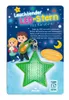 The image shows the packaging of a light-up LED star keychain with a carabiner, featuring cartoon children and a night sky illustration. Produktbild-Vorschau